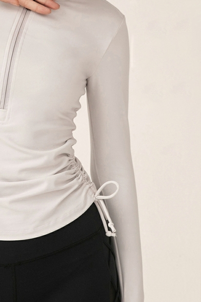 Women Urban Solid Ruched Slim Fit Long-Sleeved Round Collar Zip Design Sweatshirt