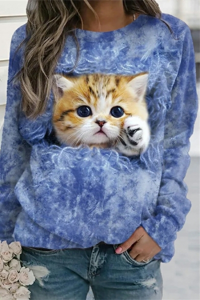 Chic Ladies 3D Cat Print Crew Neck Long-Sleeved Fitted Pullover Sweatshirt