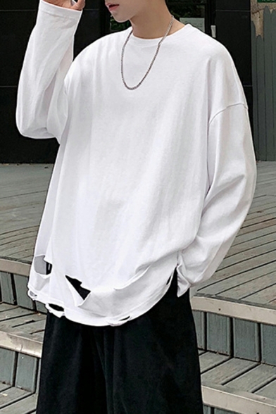 Chic Whole Colored Long Sleeves Crew Neck Cut-outs Designed Baggy Tee Top for Men