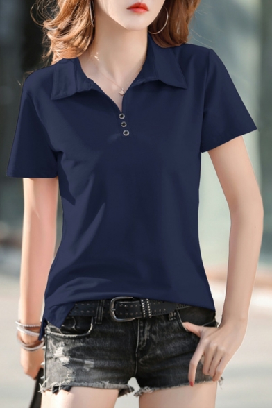 Chic Women Pure Color Short Sleeve Spread Collar Button Design Fitted Polo Shirt
