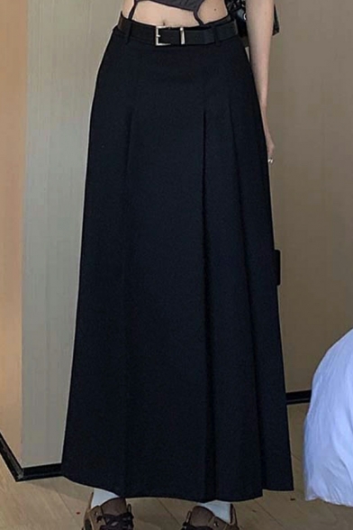 Elegant Women Plain High Rise Fitted Maxi Length Belt Detailed A-Line Skirt