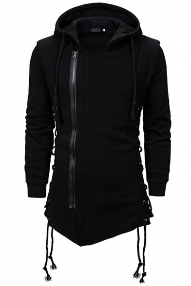 Fancy Boy's Solid Color Drawstring Long Sleeves Slimming Hooded Oblique Zipper Hoodie
