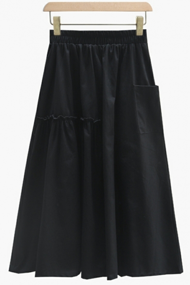 Girls Simple Whole Colored High Rise Flap Pocket Midi Length Elastic Waist A-Line Skirt