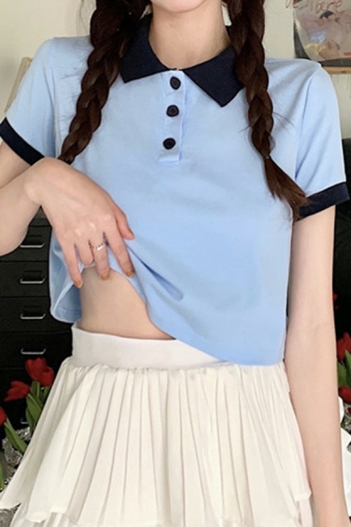 Girls Street Look Point Collar Color Block Short Sleeves Button-up Crop Polo Shirt