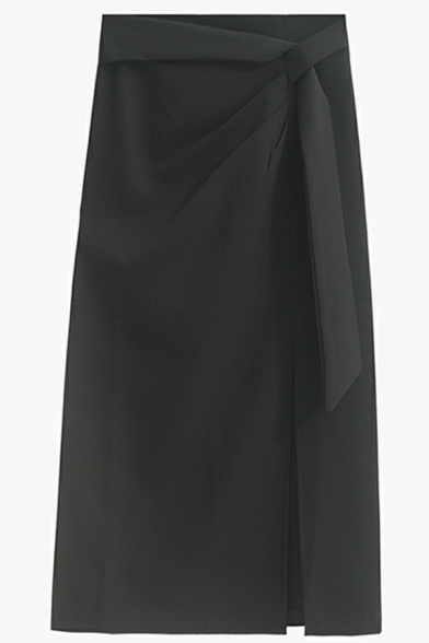 Ladies Leisure Whole Colored Belt Design High Rise Midi Length Split Front A-Line Skirt