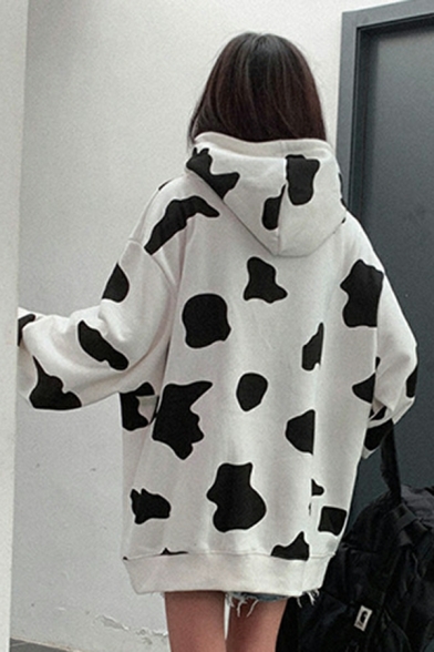 Novelty Girls Cow Printed Big Pocket Long Sleeve Oversized Hooded Drawstring Hoodie
