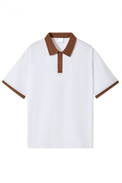 StreetStyle Guy's Color Block Point Collar Short-sleeved Regular Button T-Shirt