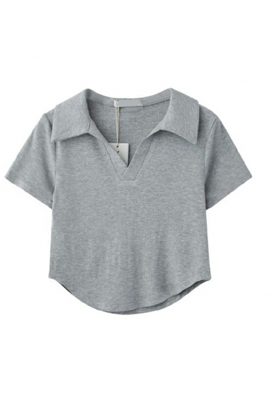 Unique Girls Pure Color Spread Collar Curve Hem Detail Short Sleeve Crop Polo Shirt