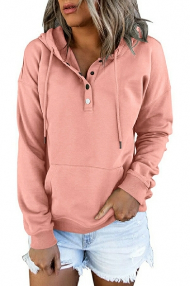 Women Stylish Pure Color Regular Fitted Long-Sleeved Hooded Drawstring Button Fly Hoodie