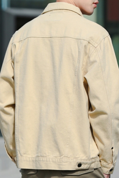 Casual Men Plain Front Pocket Long Sleeve Spread Collar Loose Denim Jacket