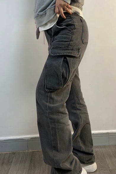Girls Fancy Pure Color Pocket Detail Baggy Full Length Mid Rise Zipper Cargo Pants