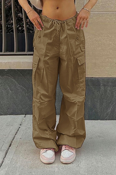 Ladies Stylish Pocket Plain Low Rise Full Length Drawstring Waist Loose Cargo Pants