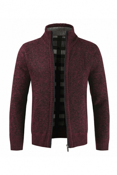 Mens Fashion Solid Color Pocket Long Sleeves Stand Collar Slimming Zip Closure Cardigan