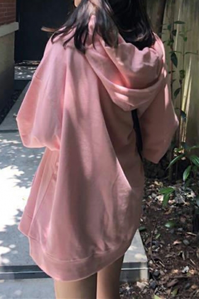 Modern Women Solid Color Drawstring Long Sleeve Hooded Loose Fit Hoodie