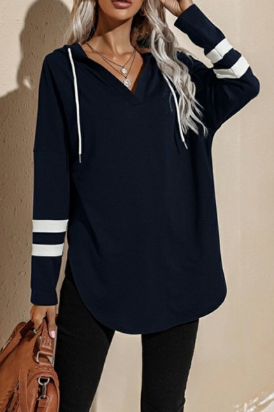 Modern Women Stripe Pattern Curve Hem Long Sleeve V-neck Regular Drawstring Sweatshirt