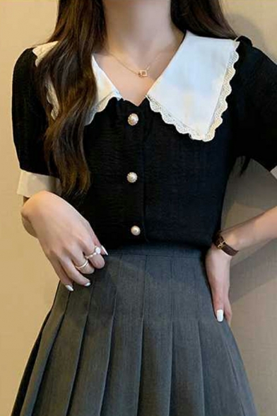 Novelty Women Contrast Color Peter Pan Collar Short Sleeves Button-up Crop Polo Shirt