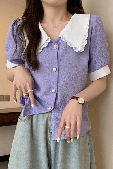 Novelty Women Contrast Color Peter Pan Collar Short Sleeves Button-up Crop Polo Shirt