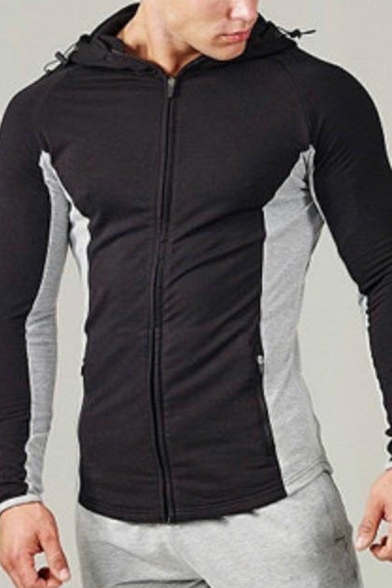 Athletic Boy's Contrast Color Long Sleeves Slim Fitted Hooded Pocket Design Zip-up Hoodie