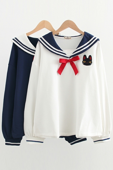 Casual Girls Striped Pattern Long Sleeve Bow Detail Relaxed Navy Collar Sweatshirt