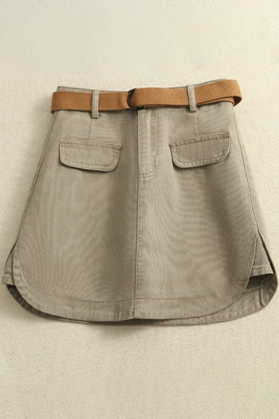 Chic Girls Pure Color Mini Length Flap Pocket Zip down High Waist A-Line Skirt