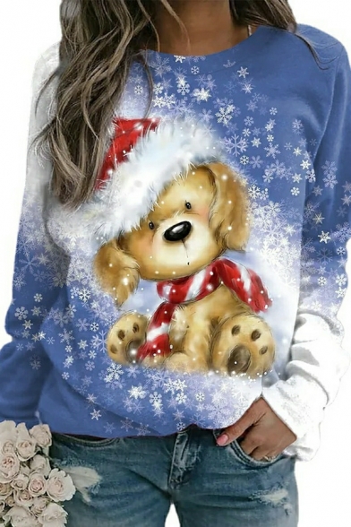 Cool Women 3D Christmas Print Long Sleeves Round Collar Regular Fit Pullover Sweatshirt