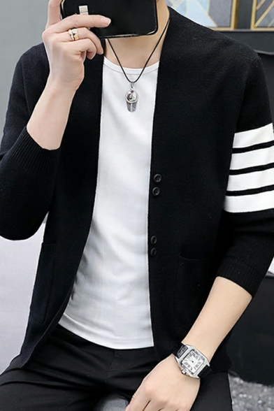 Guy's Elegant Striped Print V-Neck Long Sleeves Button Closure Cardigan