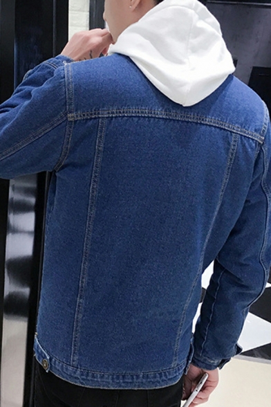 Guys Street Style Plain Front Pocket Spread Collar Long Sleeve Brushed Denim Jacket
