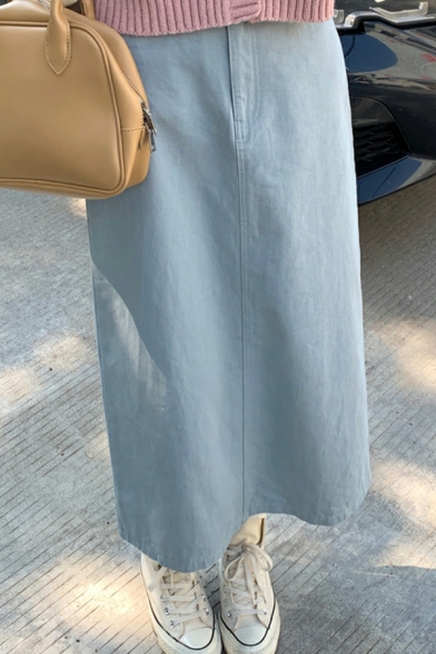 Ladies Creative Whole Colored Zipper Maxi Length High Rise Split Back A-Line Skirt