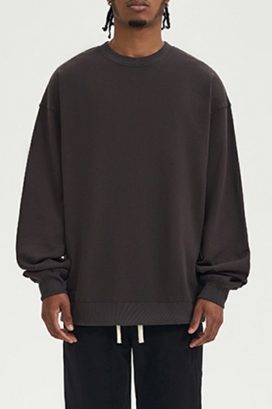 Men Trendy Solid Rib Hem Detailed Long Sleeve Crew Neck Baggy Pullover Sweatshirt