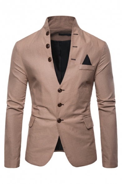 Mens Casual Solid Color Flap Pocket Long Sleeve Stand Collar Skinny Button down Blazer