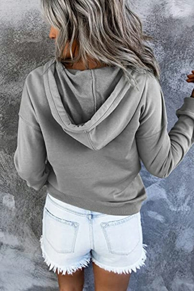 Womens Solid Color Drawstring Detail Long-Sleeved Hooded Button down Hoodie