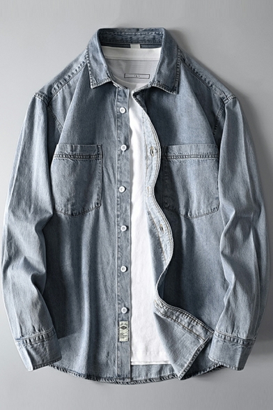Guys Novelty Whole Colored Curve Hem Spread Collar Long-sleeved Relaxed Denim Jacket