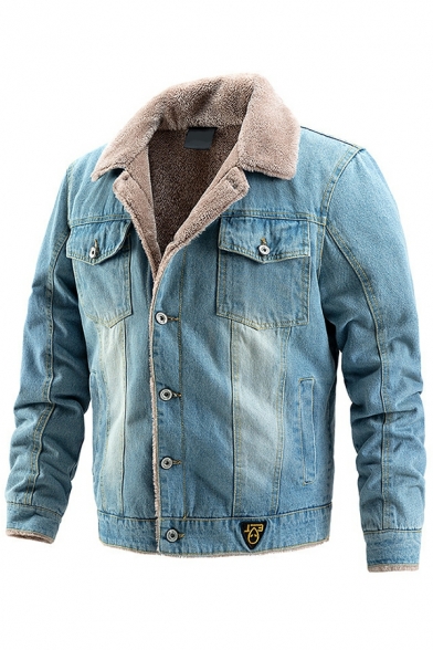 Hot Guy's Solid Chest Pocket Long Sleeve Slim Button Up Notched Neck Brushed Denim Jacket