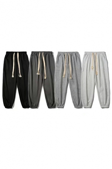 Mens Edgy Pure Color Pocket Decorated Drawcord Waist Ankle Length Pants