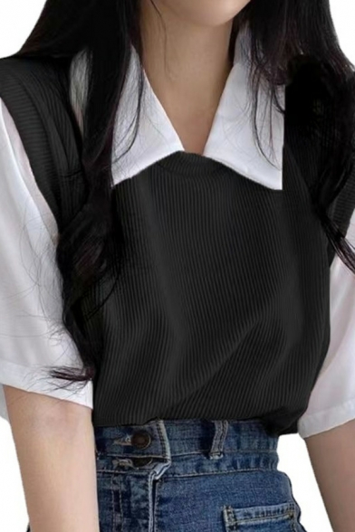 Novelty Women Contrast Color Spread Collar Half Sleeves Fake Two Pieces Polo Shirt