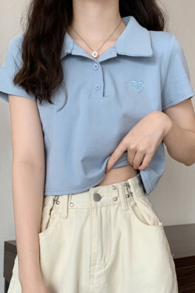 Original Ladies Heart Pattern Button Short Sleeves Turn-down Collar Polo Shirt