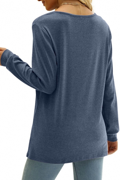 Simple Women Whole Colored Scoop Neck Long Sleeve Ruched Detail Tee Shirt