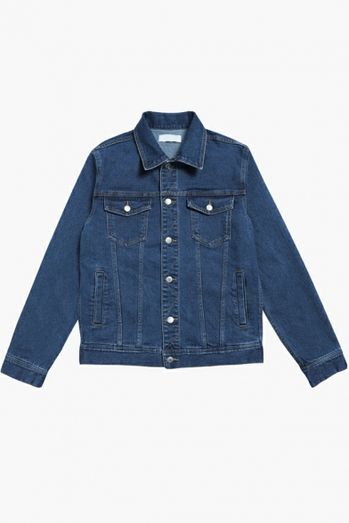 Urban Jacket Plain Chest Pocket Point Collar Long Sleeves Button Fly Denim Jacket for Men