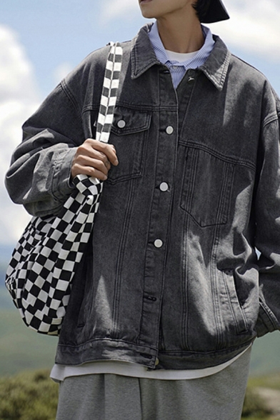Urban Mens Solid Pocket Spread Collar Long Sleeve Loose Fit Button Placket Denim Jacket