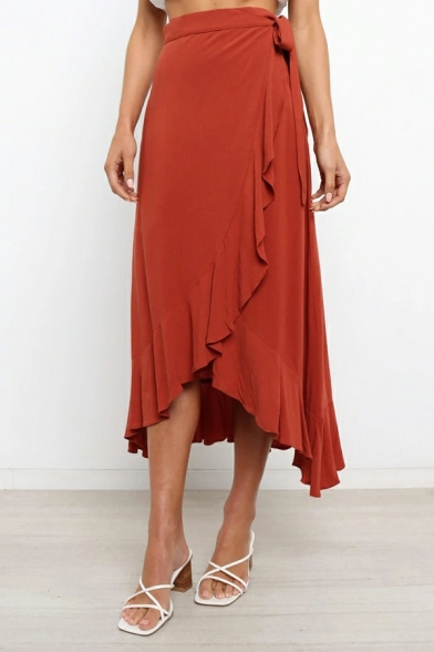 Women Trendy Solid Lace-up Detail Maxi Length Ruffles High Waist Asymmetrical Skirt