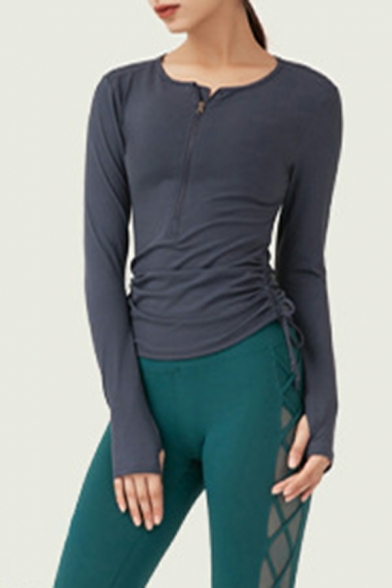 Women Urban Solid Ruched Slim Fit Long-Sleeved Round Collar Zip Design Sweatshirt