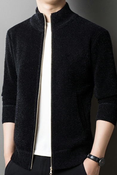 Guy's Casual Solid Stand Collar Long Sleeve Zip down Knitted Cardigan