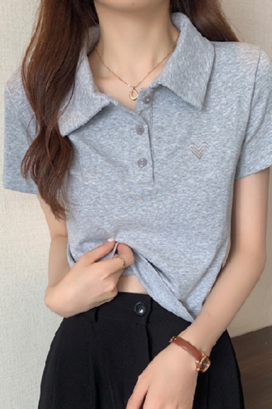 Chic Ladies Heart Pattern Button Detail Turn-down Long Sleeve Crop Polo Shirt