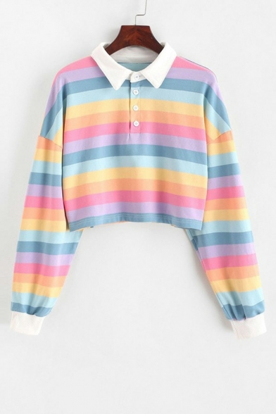 Dashing Girls Contrast Color Button Fly Point Collar Long-sleeved Crop Polo Shirt
