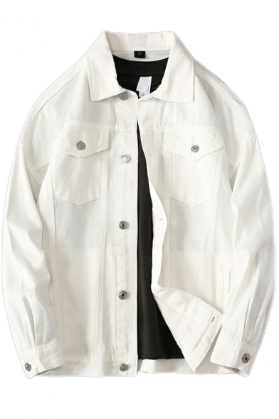 Hot Guy's Plain Chest Pocket Spread Collar Long Sleeve Loose Button Fly Denim Jacket