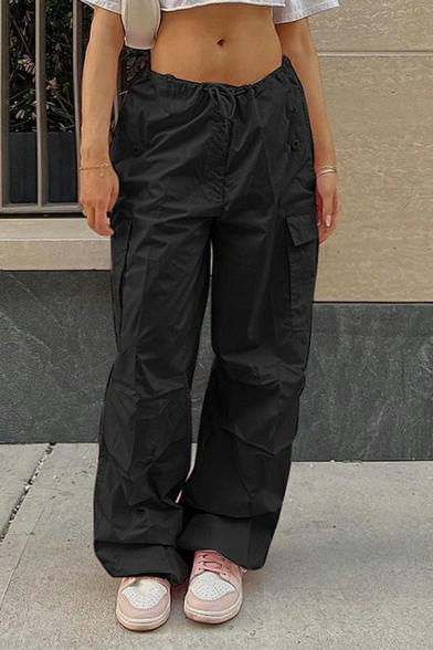 Ladies Stylish Pocket Plain Low Rise Full Length Drawstring Waist Loose Cargo Pants