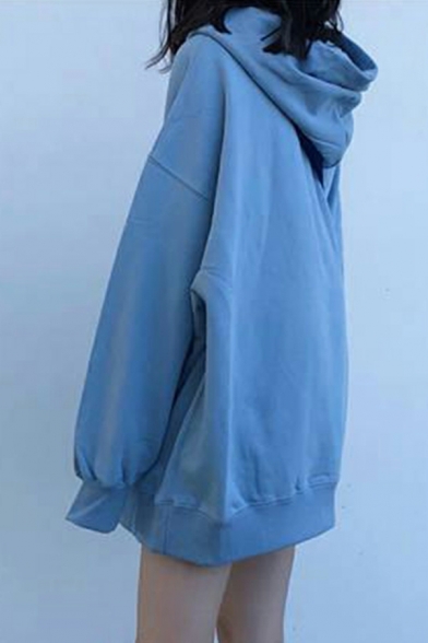 Modern Women Solid Color Drawstring Long Sleeve Hooded Loose Fit Hoodie