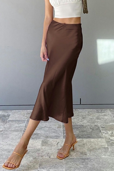 Pop Whole Colored High Waist Midi Length Pencil Skirt for Ladies