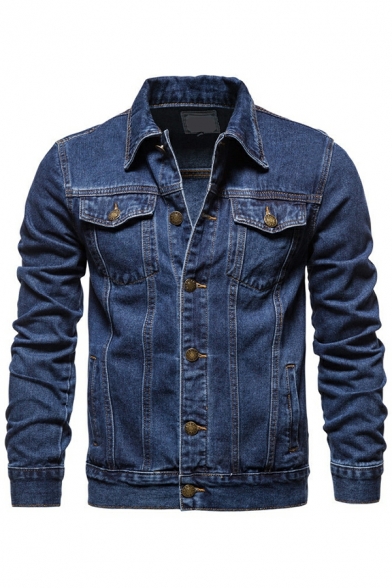 Street Look Plain Chest Pocket Turn-down Collar Long Sleeve Slimming Denim Jacket for Guys
