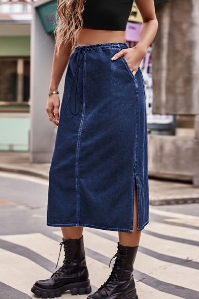 Women Urban Whole Colored Split Midi Length Regular Fit High Rise Tube Skirt